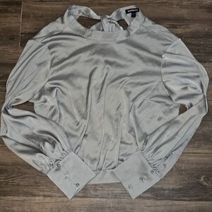 Express Pale Green Satin Blouse Large Cutout Back Long Sleeve Top